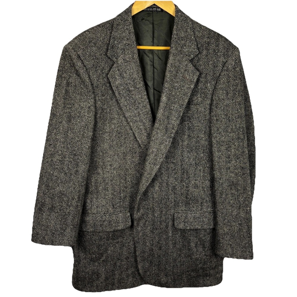 Vtg Mens 100% Shetland Wool Blazer Sport Coat 42L Towncraft Gray Herringbone USA
